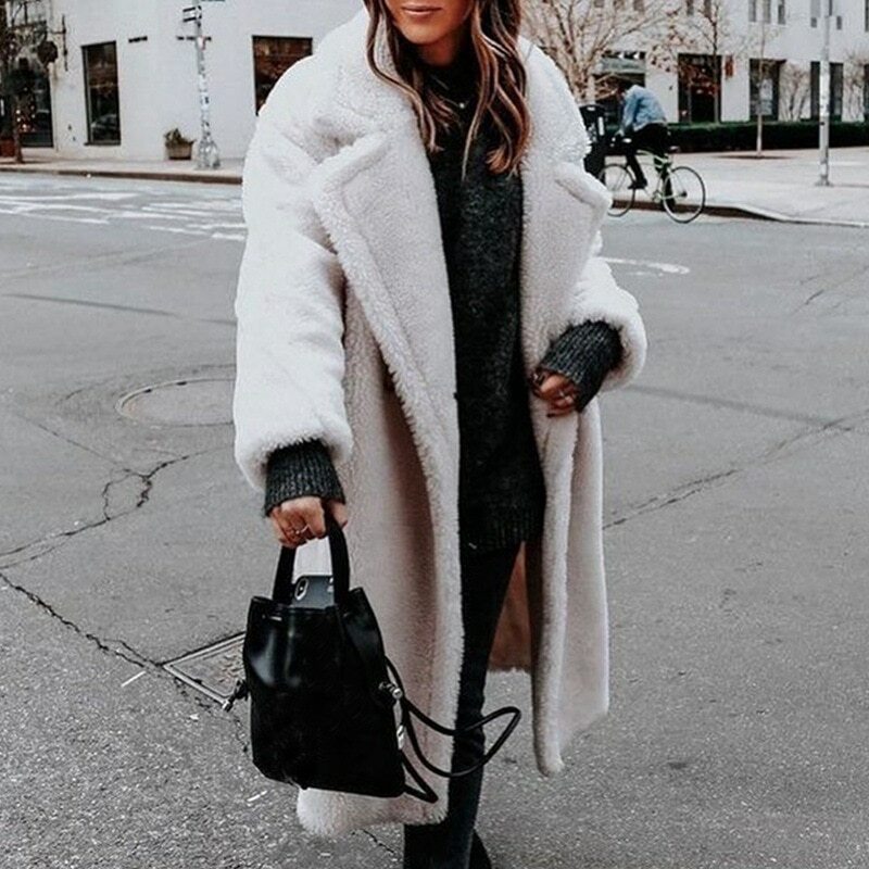 Abrigo largo de invierno para mujer, Chaqueta de felpa de pelo de imitación, cálido, de talla grande, prendas de vestir