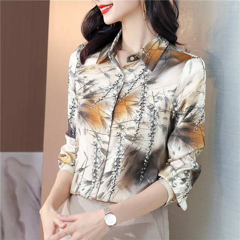 Moda feminina camisa 2022 chiffon blusas para as mulheres impresso floral polo pescoço manga longa topo feminino botão acima do vintage básico camisa