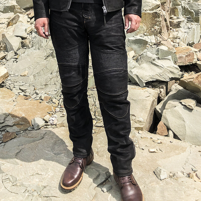 2021 preto estilo motorccyle calças de couro genuíno dos homens mais tamanho 4xl real natural da pele carneiro primavera magro ajuste biker calças