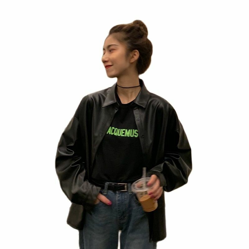 Novas mulheres oversized blusas de couro do plutônio 2021 primavera outono preto falso couro básico casaco turn-down colarinho motor jaqueta motociclista