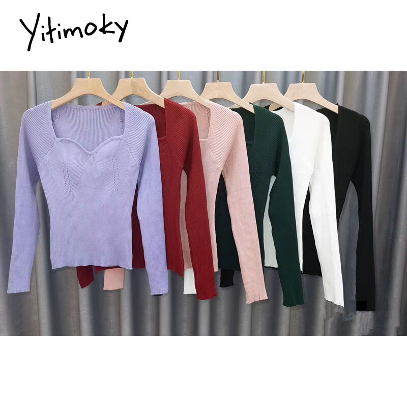 Yitimoky Purple Crop Sweater Woman Square Collar Long Sleeve Knitted Pullover Fall 2021 Clothing Fashion Striped Vintage White