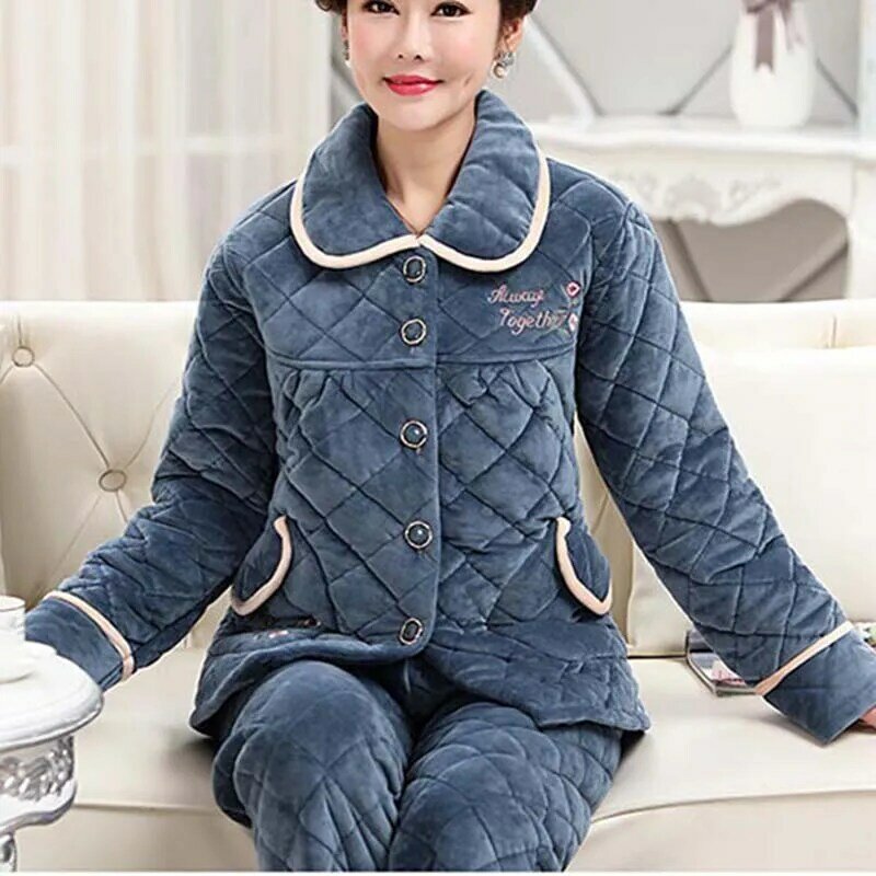 New Casual Print Three Layers Thicken Warm Two-Piece Suit Home Middle-Aged Women Pajamas Winter Women Pajamas Women Sets NBH544