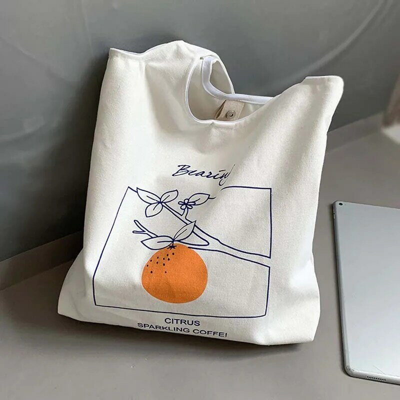 Fruit Orange Canvas Bag Girl Female Literary Japanese Student Vest Style Ins Simple Portable Printing Shoulder Bag Peach Pattern