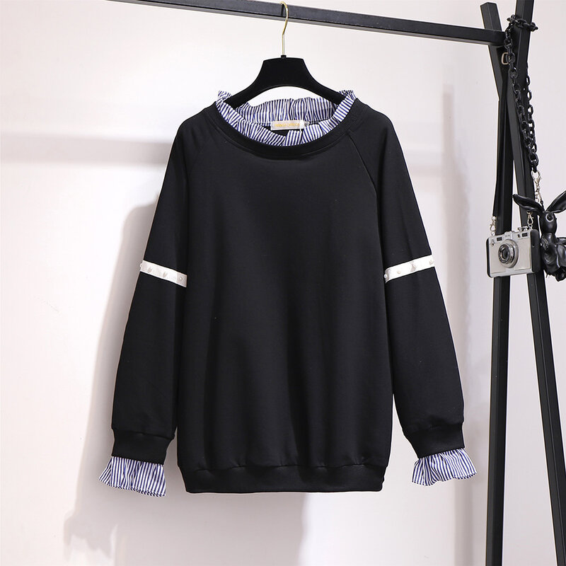 Pakaian Wanita Sweatshirt Ukuran Plus 21new Imitasi Dua Potong Leher Bulat Kasual Padat Berkerutan Lengan Panjang Harajuku Streetwear Hitam