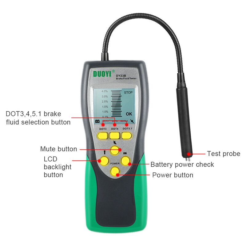 Duoyi dy23 automotivo testador fluido de freio inspeção óleo ganso pescoço detector som e luz alarme duplo para dot3/4/5