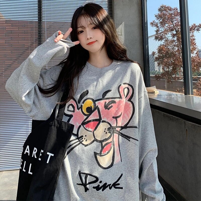 Różowa kreskówka zwierzęta bluza z kapturem kobieta jesień 2021 nowy luźny koreański zwierząt długi oversize-rękaw T-shirt na japońska moda Ins