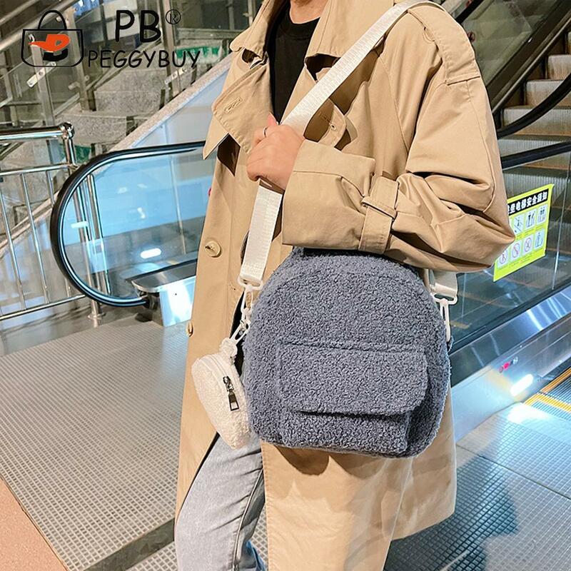 Kobiety przenośny miękki ciepły pluszowy plecak na ramię moda jednokolorowy puszysty kompozytowy worek na co dzień multi-pocket Zip małe torebki