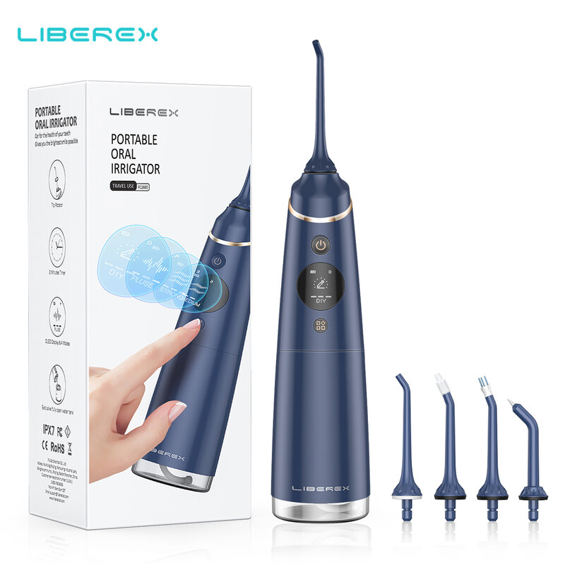 Liberex-irrigador Dental portátil para el cuidado bucal, limpiador Dental eléctrico, resistente al agua, 300ml, color blanco y negro
