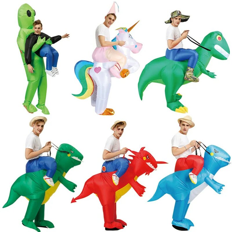 Disfraz de dinosaurio inflable para niños y adultos, traje de 2 tamaños, t-rex, disfraz de halloween, fiesta de dragón, cosplay con temática de animales