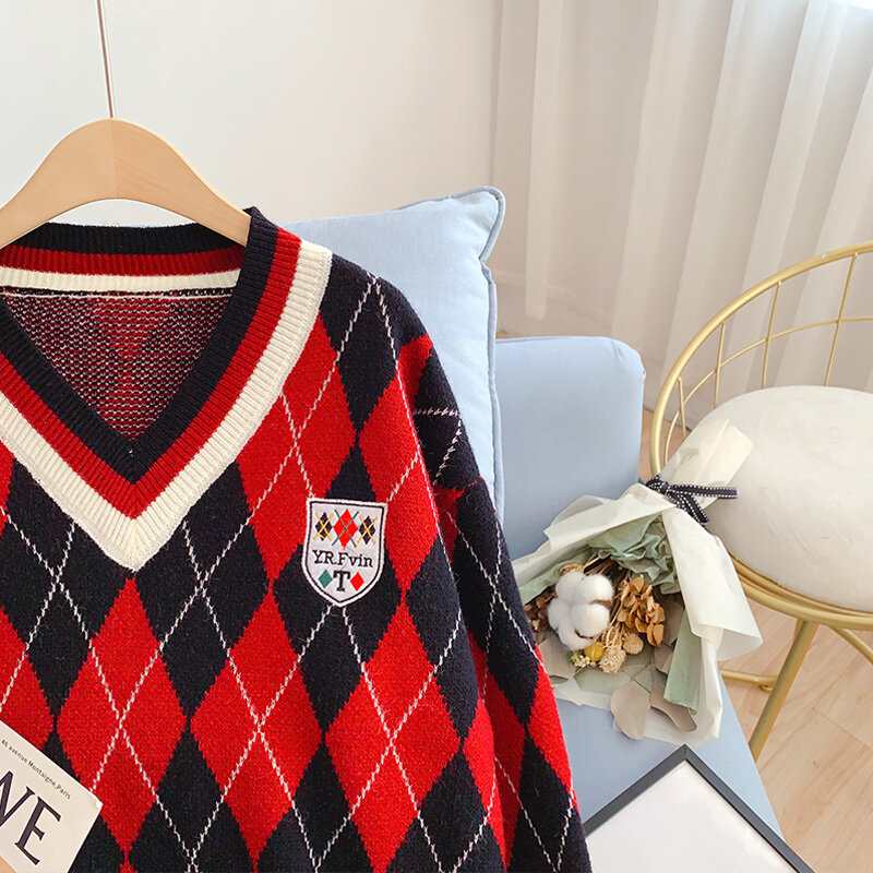 EBAIHIUI-suéter de Argyle para mujer, Jersey de estilo Preppy con cuello en V, suéteres de punto de moda coreana, ropa de calle holgada informal Vintage