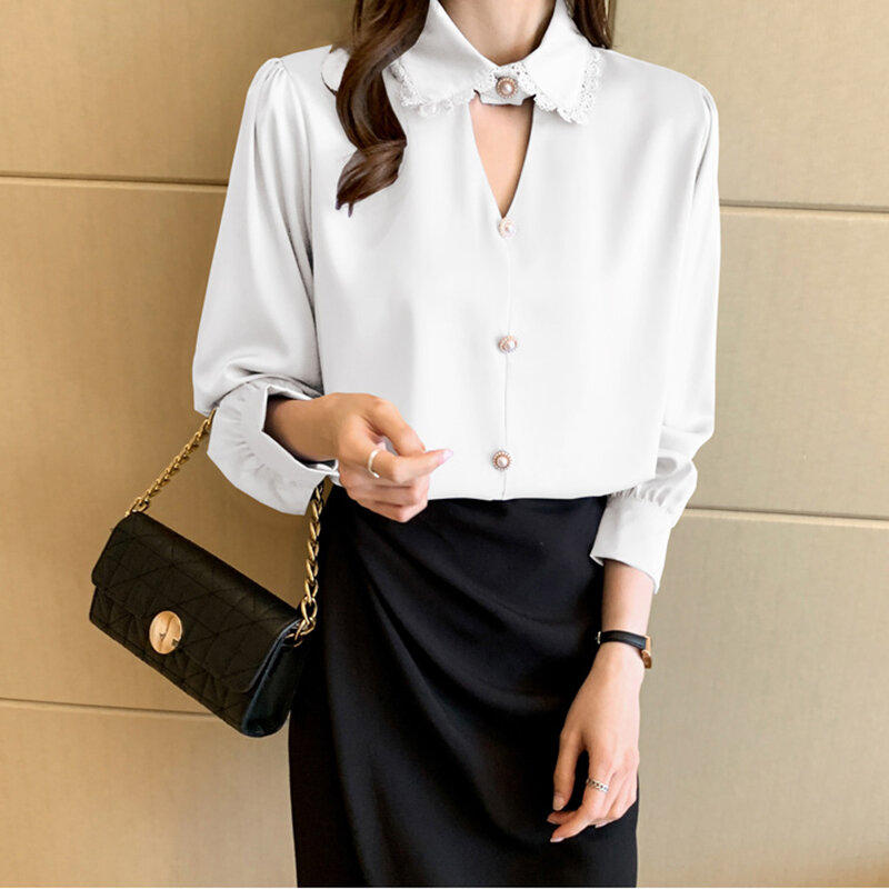 Nieuwkomers Satijn Chiffon Vrouwen Shirt Sping Herfst 2021 Kant Patchwork Halter Hallow Out Kraag Office Lady Elegant Blouses