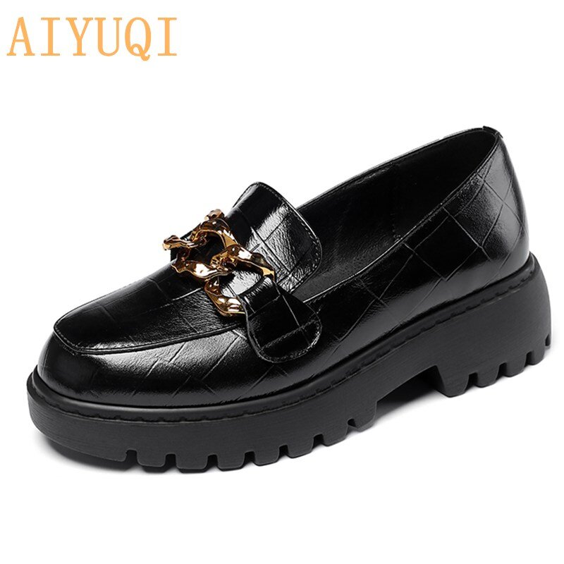 AIYUQI-zapatos de cuero auténtico para mujer, mocasines de estilo británico con punta redonda, decorativos de Metal, para primavera, 2022