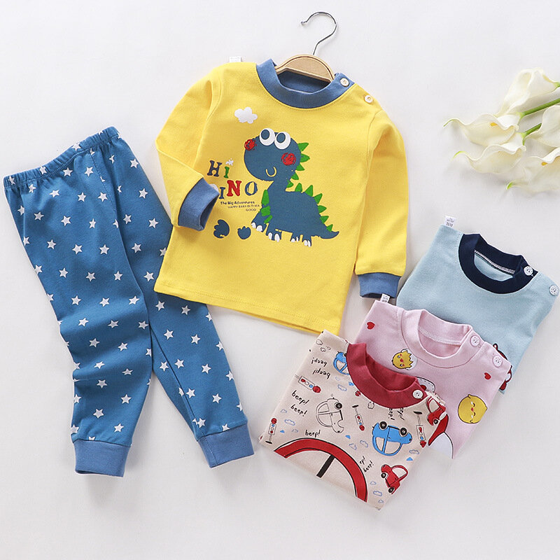 Pyjama 100% coton pour fille et garçon de 12 mois à 5 ans, 2 pièces, vêtements d'automne, à manches longues, avec motif de dessin animé, hauts et pantalons