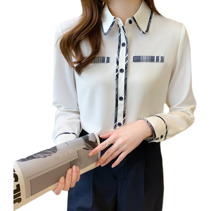 Kaus Wanita Sifon Fashion Korea Kemeja Wanita Kantor Putih Kancing Atas Lengan Panjang Atasan Wanita Antik Camisas De Mujer