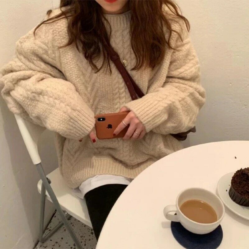 Swetry swetry damskie zimowe ciepłe odzież z dzianiny moda miękki luźny jednokolorowa na wypoczynek Retro codzienne damskie Ulzzang O-neck New Chic