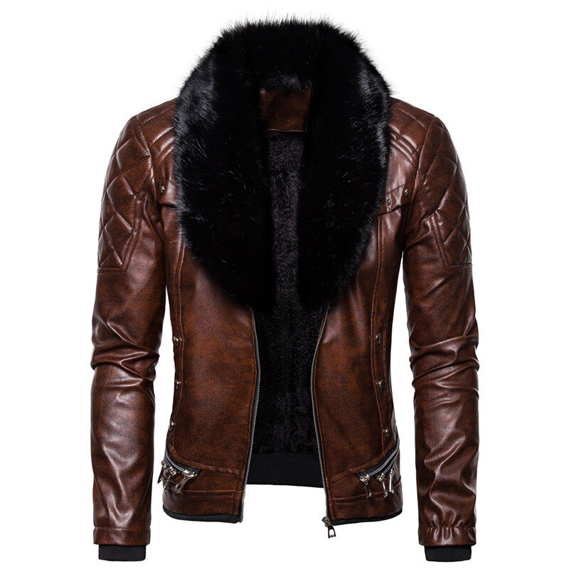 Jaqueta de couro motoqueiro masculina, casaco para ciclismo com gola de pele destacável e de couro sintético, jaqueta casual pu