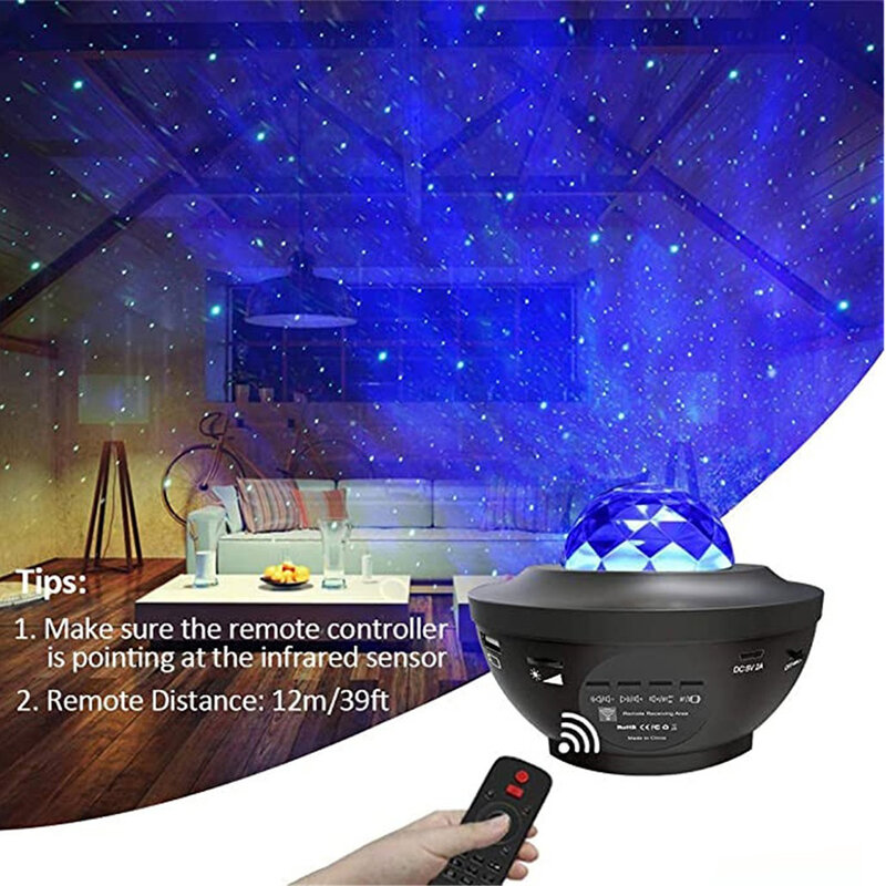 Proyector de luz LED con USB para dormitorio, luz nocturna de ola oceánica, reproductor de música, luces nocturnas giratorias de estrella remota, Luminaria