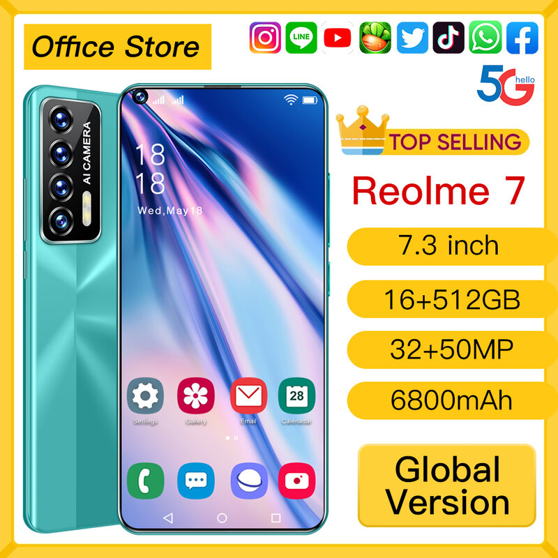 Reolme7-smartphone versão global com tela de 7.3 ", bateria de 6800mah, 16gb, 512gb, câmera de 32mp, 50mp, reconhecimento facial, android 10.0, 5g, telefone celular, venda imperdível