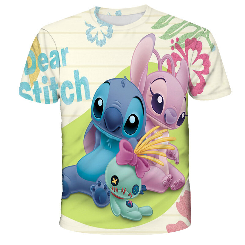 เด็กที่ชื่นชอบการ์ตูนน่ารักการ์ตูนเสื้อยืดฤดูร้อน Blue Stitch เสื้อยืดสาวสีชมพูแฟชั่นเสื้อยืด