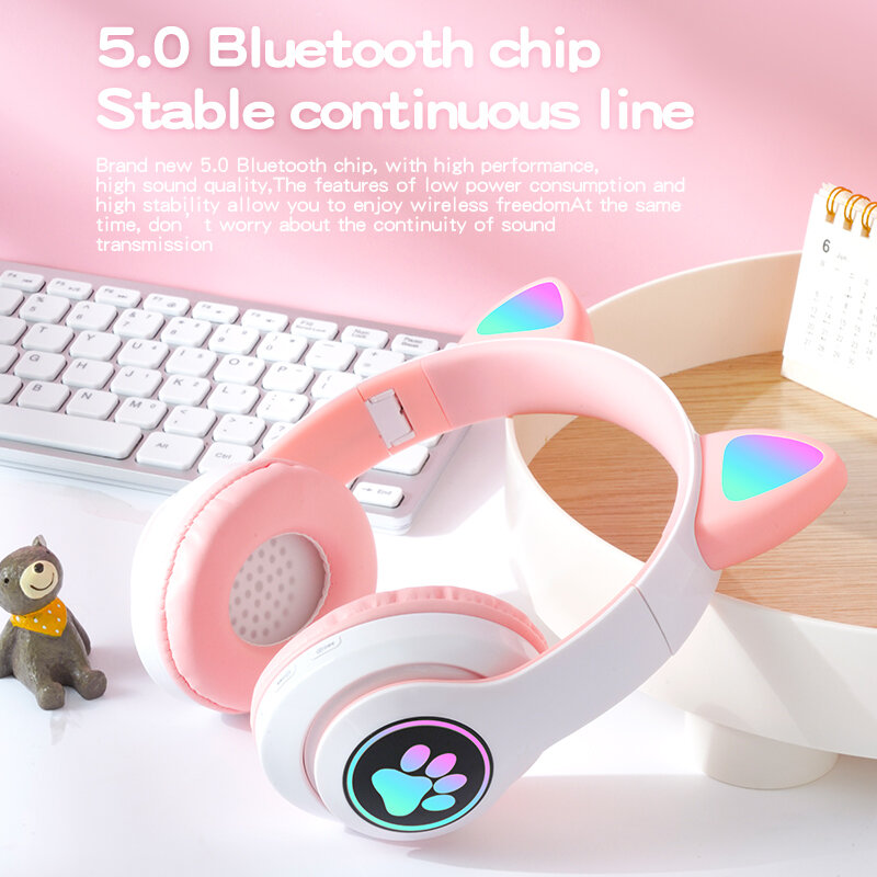 Flash LED Cute Cat Ear Bluetooth Headphones Kid Girl Music Wireless Helmet TF Card Gaming Earphone With Mic Phone Headsets Gift