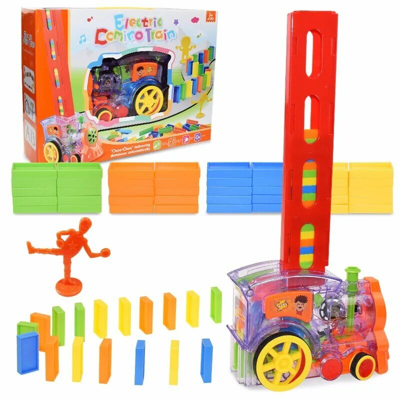 أطفال دومينو قطار مجموعة سيارة ضوء الصوت التلقائي وضع الدومينو الطوب الملونة الدومينو كتل لعبة تعليمية لتقوم بها بنفسك لعبة هدية