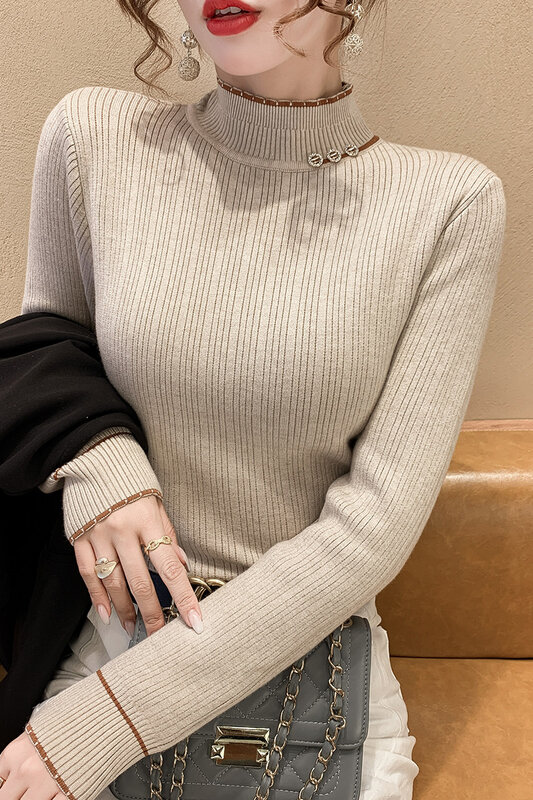 Women Fashion Solid Knit Sweater Tops Thicken Plus Velvet Long Sleeves Mock Neck Vintage Female Warm Sweaters Pullover Chic Tops