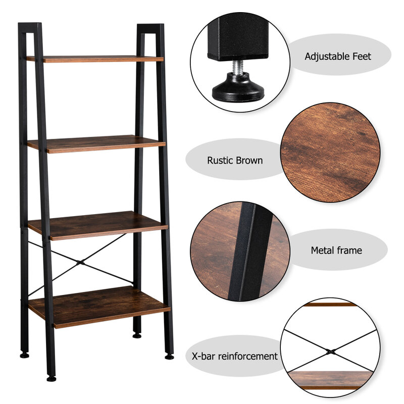 4 Tiers Industrial Ladder Shelf, Vintage Bookshelf, Storage Rack Shelf for Office Bathroom Living Room