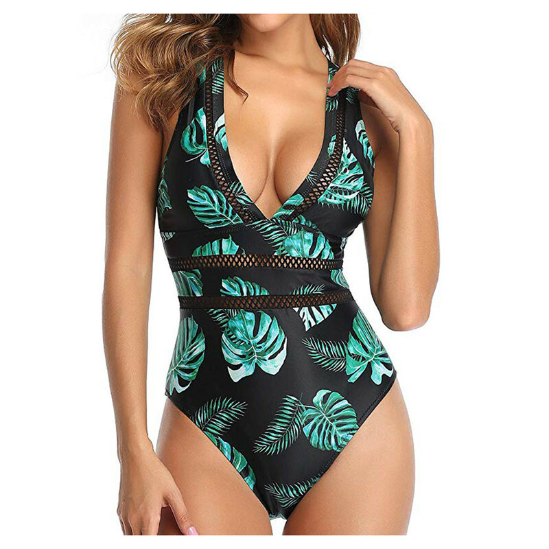 Summer Women Swimsuit One Piece Sexy Monokini Hollow Out Mesh Deep V Neck Plunge Bathing Suit Beach Backless Bodysuit