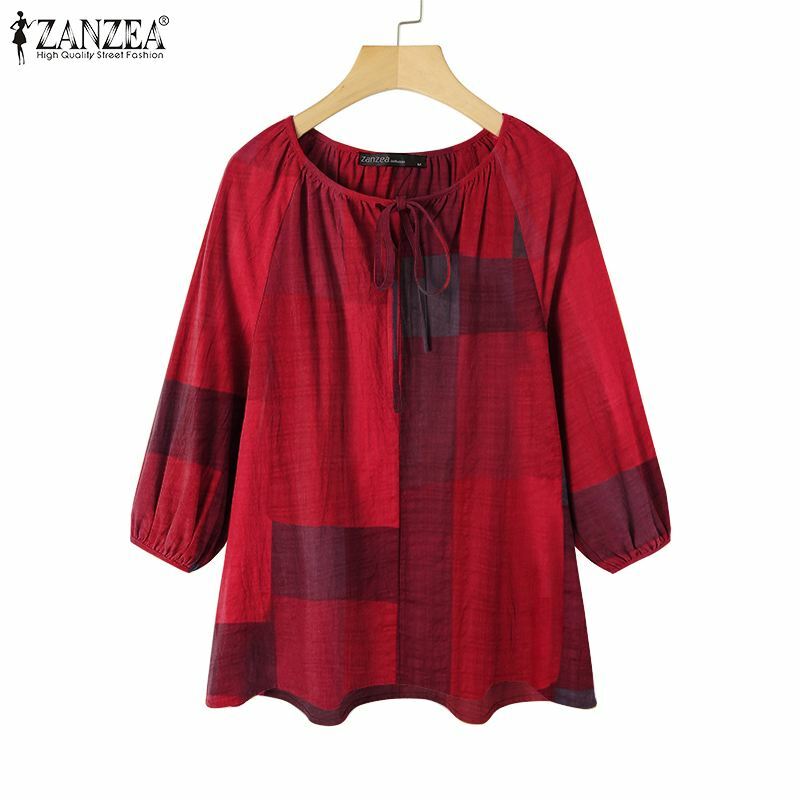 Ponadgabarytowa moda ZANZEA damska bluzka w szkocką kratę 2021 wiosna jesień bandaż 3/4 rękaw bluzki Casual-line Blusa Femininas Streetwear