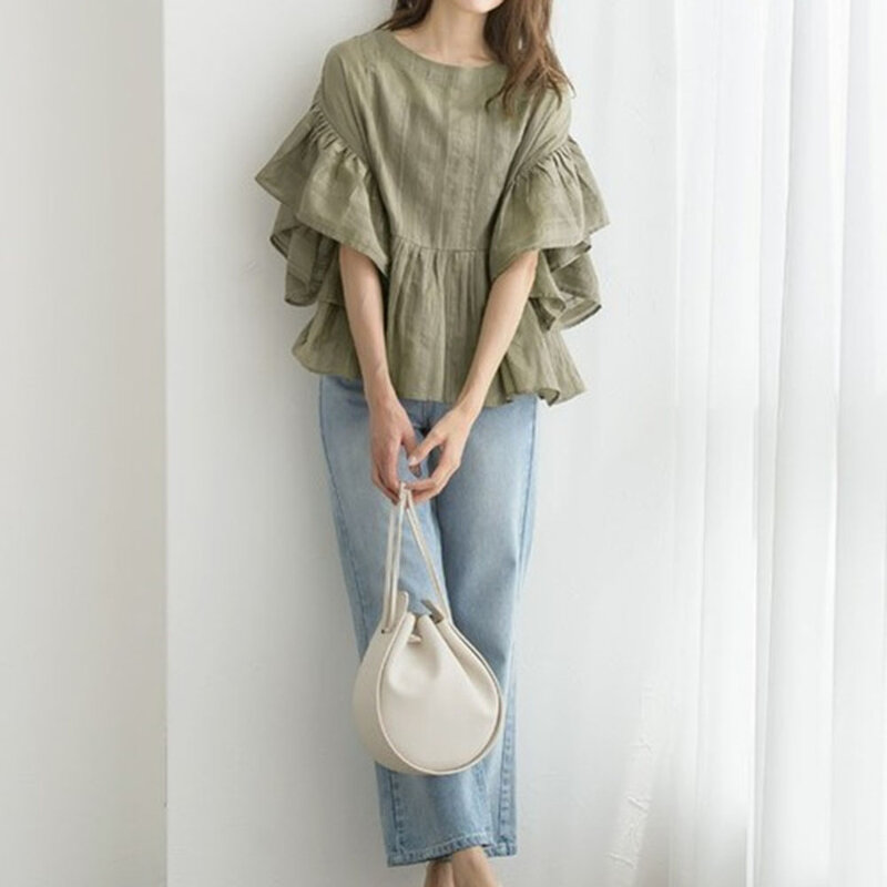 Blusa holgada informal de estilo Harajuku para otoño, camisa de cuello redondo con manga de hoja de loto para mujer, 2021