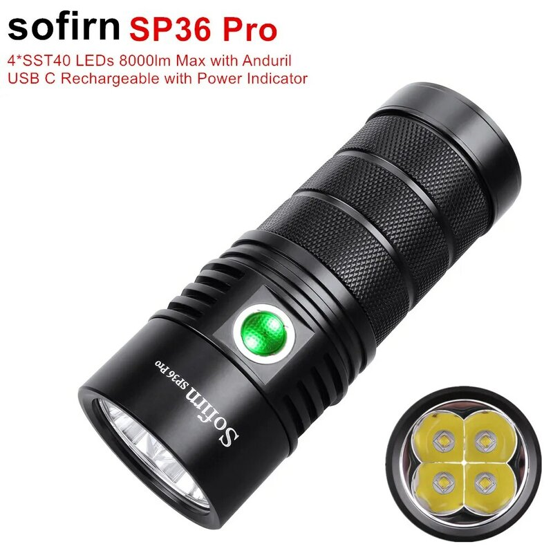 Sofirn-potente linterna LED SP36 Pro Anduril, 4 x SST40, 8000lm, recargable por USB, 18650, 6500K