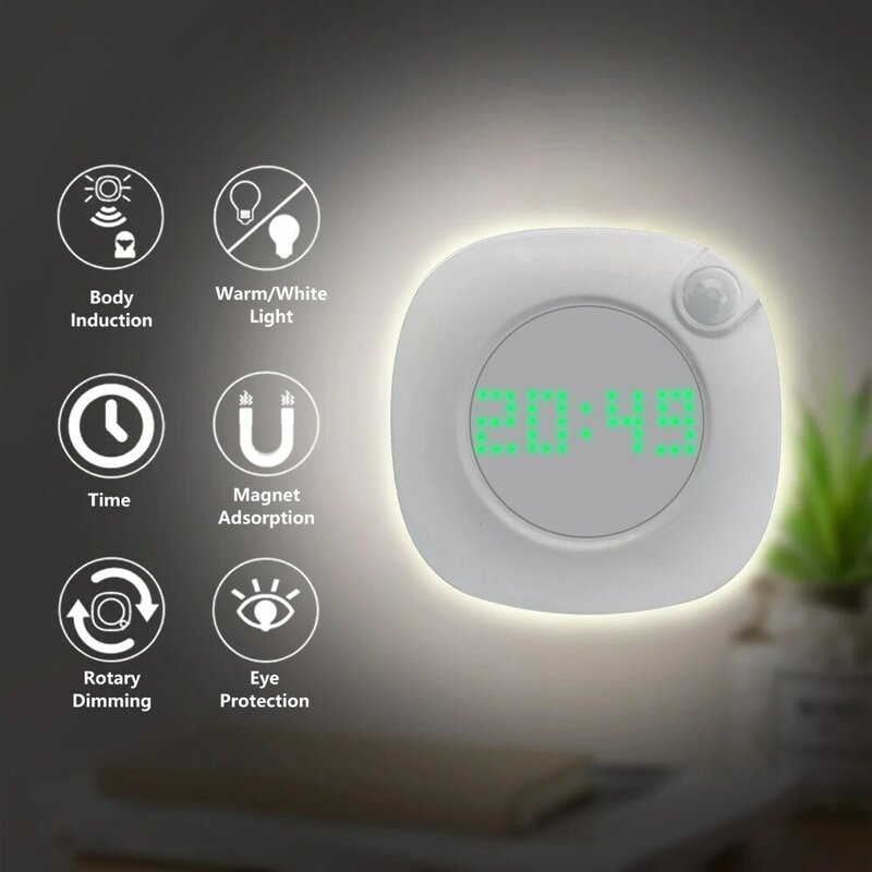 LED PIR sensore di movimento luce notturna con orologio per camera da letto scale lampada da parete luminosità batteria potenza 2 colore illuminazione