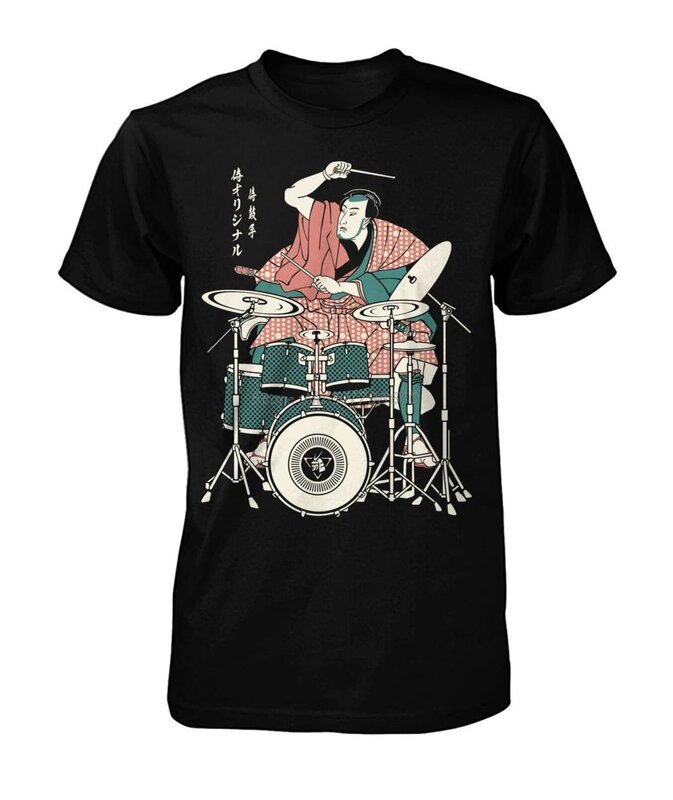 Camiseta con estampado de samurái para hombre, camisa de manga corta con estampado divertido de baterista, color negro, diseño de plantilla, gran oferta