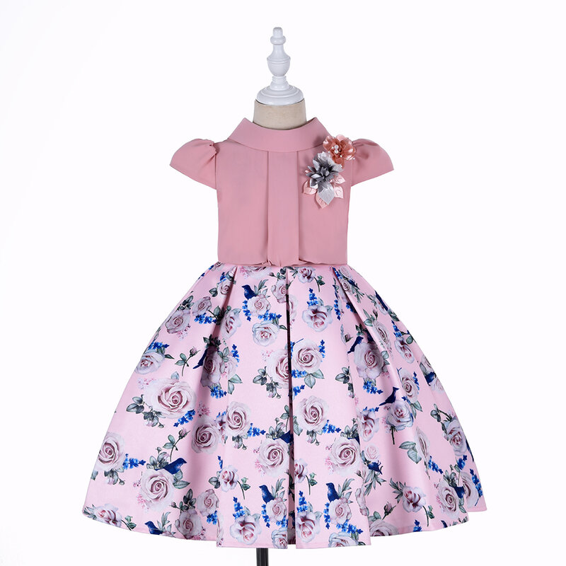 Outong 어린이 의류 턴 다운 칼라 꽃 프린트 드레스 3-10 년 아기 소녀 여름 캐주얼 면화 드레스 여자