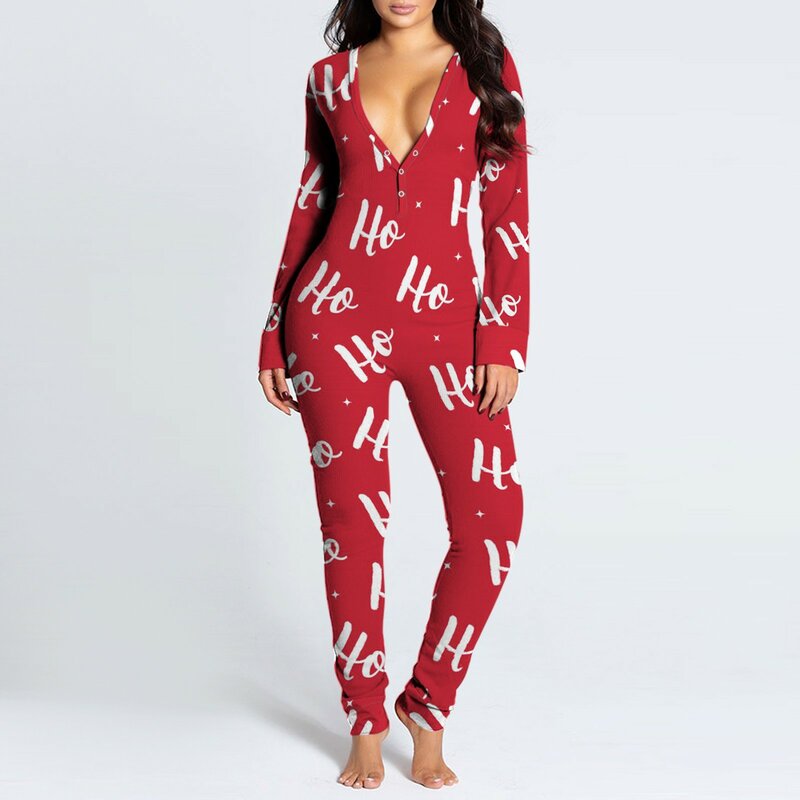 Pijama Sexy de Navidad con botones para mujer, ropa de dormir con estampado a la moda, mono con solapa abotonada, ropa de dormir para adultos