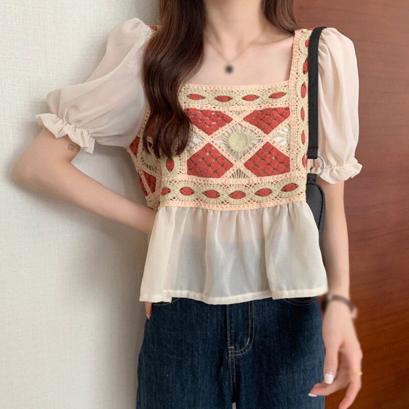 Moda verão vazada bordada manga bufante gola quadrada casual tops para mulheres camisetas camisetas coreanas vintage blusas de manga curta tops