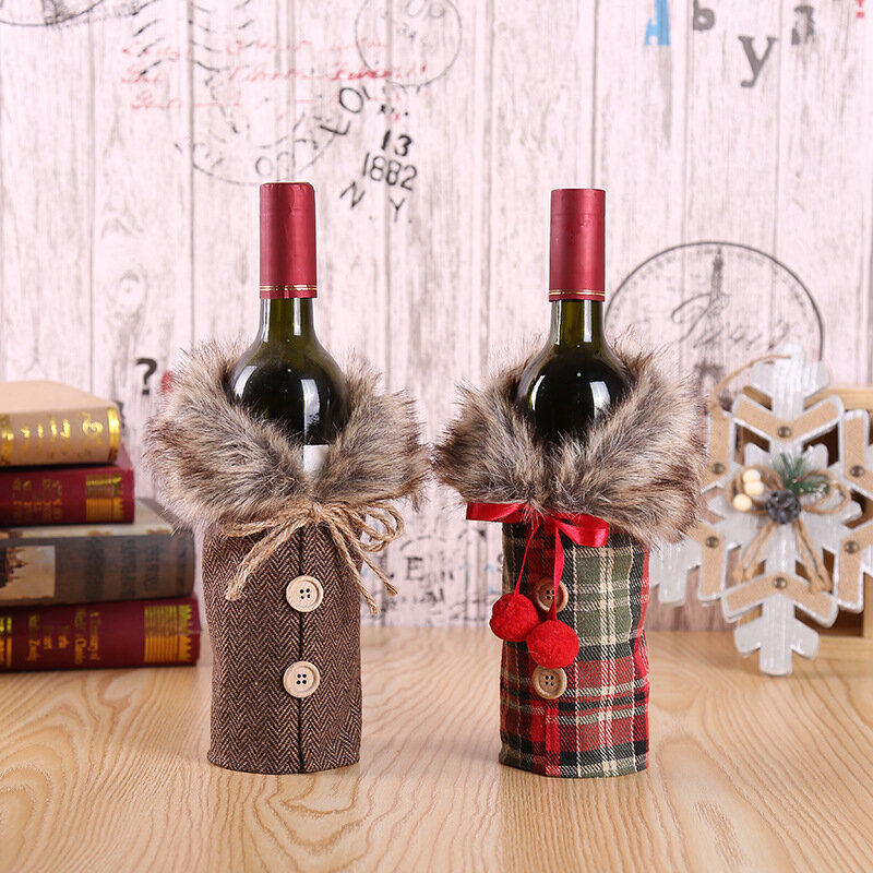 Christmas Decoration Props Bowknot Linen Fur Collar Red Wine Bottle Cover Home Outdoor Holiday Decorations Christmas Present