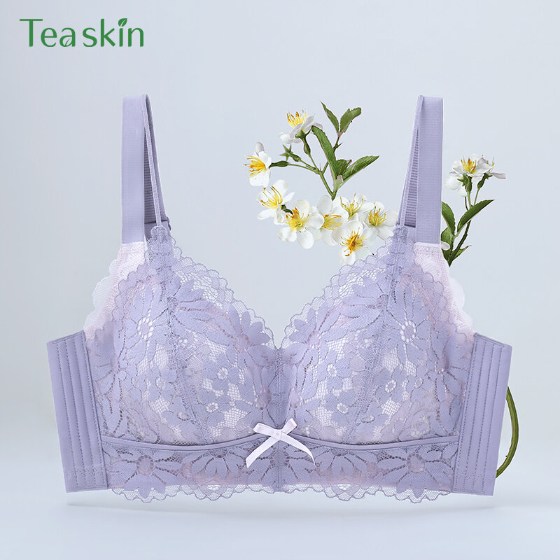 Tea Skin Lace Bralette Women Wirefree Minimizer Bra Full Cup Lift Up Soft Latex Lightly Padded Underwear Bra without Frame