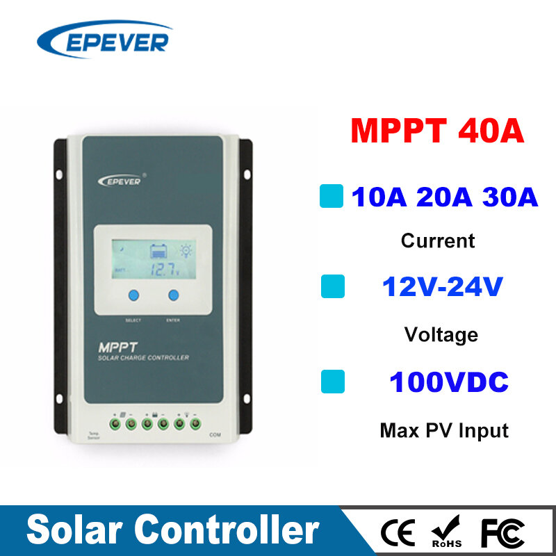 EPever – contrôleur de Charge MPPT 40A/30A/20A/10A pour panneaux solaires, avec écran LCD, lumière noire, pour Batteries Lithium-Ion 12V 24V
