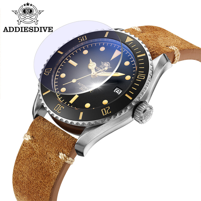 Addies Dive New Arrival mężczyźni zegarek Retro AD2101 brązowy skórzany pasek ze stali nierdzewnej zegarek ze stali świecąca tarcza NH35 200m nurkowanie zegarki
