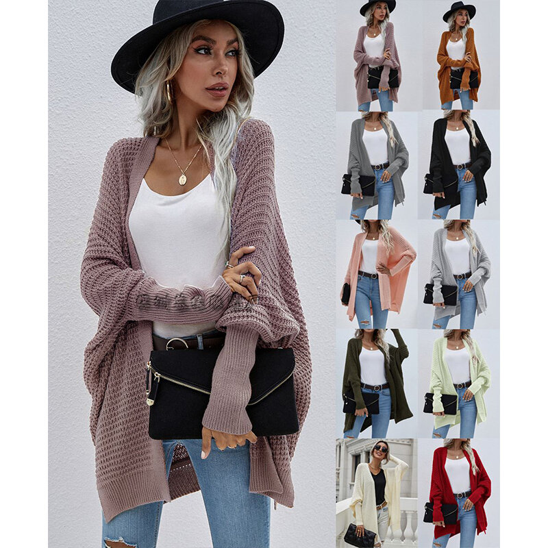 2021 New Fashion luźny, dzianinowy sweter kardigan dla kobiet jesień otwarty ścieg długi płaszcz z rękawami Casual Temperament jednolita kurtka