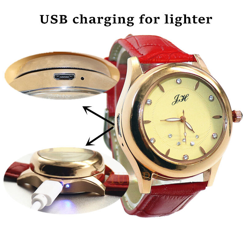 Reloj con encendedor de cigarrillos para mujer, relojes de cuarzo recargables por USB, a prueba de viento, sin llama, regalo creativo ambiental para mujer JH366