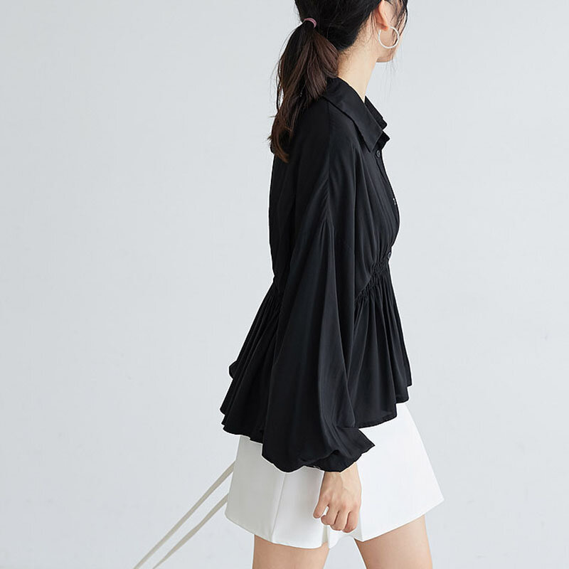 Blusa solta manga longa moderna preta estilo coreano, blusa feminina casual com elástico na cintura, gola virada para baixo, camisa elegante ol