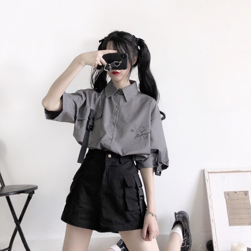 Collar Loose Short-sleeved Shirt + Wide-leg Overalls Shorts BF Wind Summer Suit Female Student