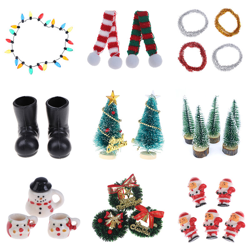 Mini Kerst Garland Krans Kerst Muts Sjaal Poppenhuis Decor Miniatuur Kerstboom Beste Cadeau Voor Kinderen Meubels Speelgoed