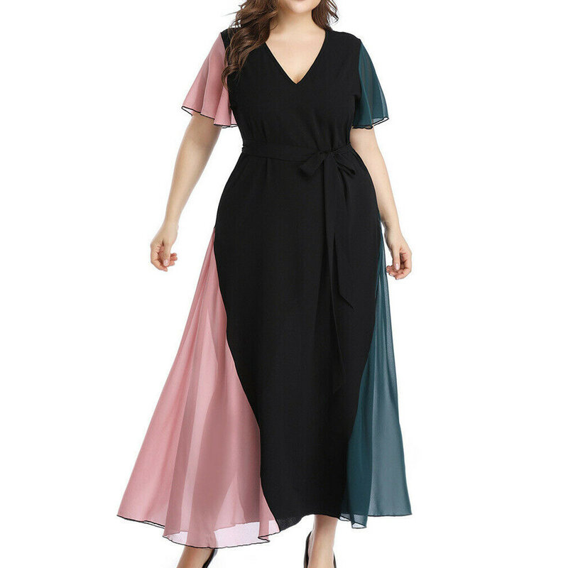 Mode Kleid Für Frauen Chiffon Plus Größe V-ausschnitt Spitze up Kurzarm Patchwork Kleid vestidos de verano freies verschiffen