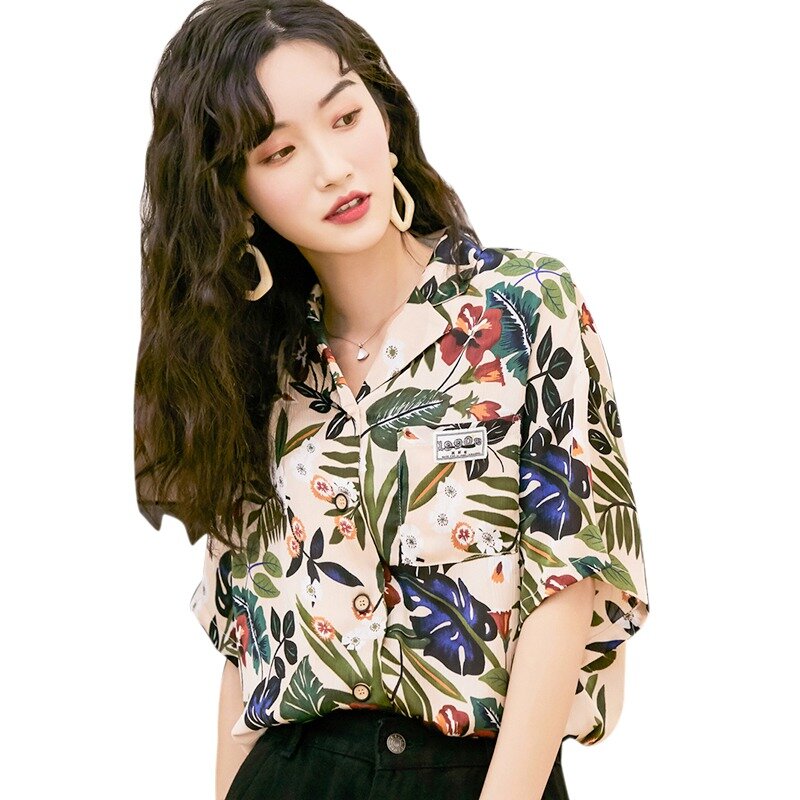 2019 womens tops and blouses Leaves 프린트 턴 다운 칼라 하와이안 스타일 반소매 쉬폰 블라우스 1