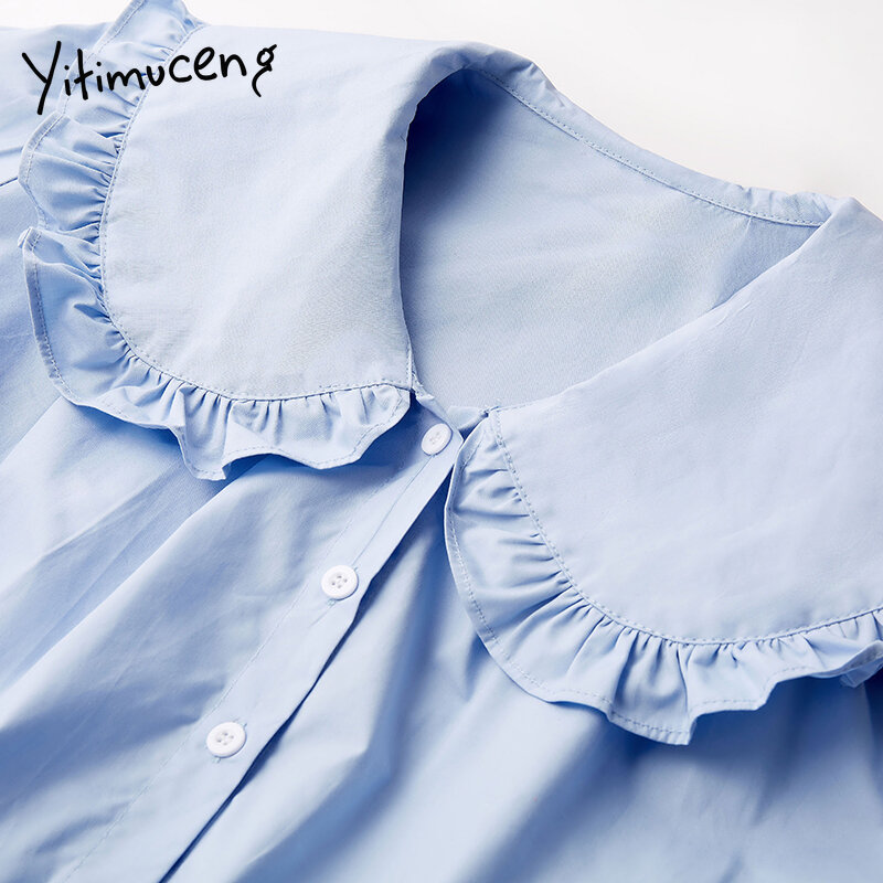 Yitimuceng botão acima blusa feminina camisas peter pan colarinho manga longa em linha reta sólido 2021 primavera francês moda nova doce topos