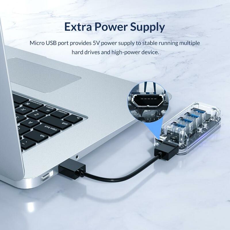 ORICO-HUB USB de alta velocidad para ordenador portátil y PC, Micro USB divisor con puerto de alimentación, Multi 4 y 7 puertos, OTG, serie transparente