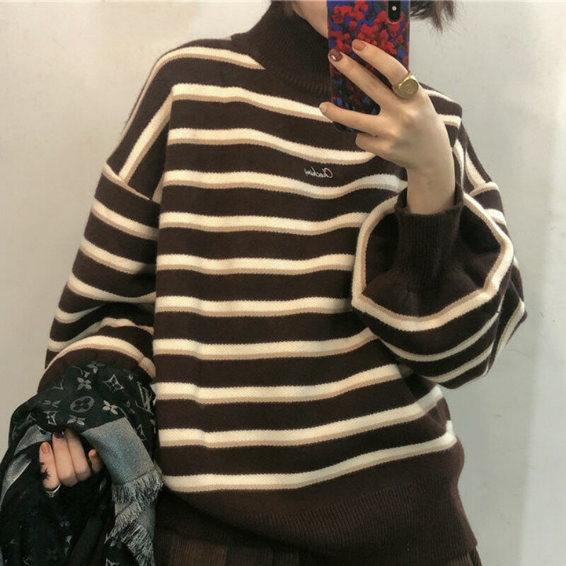 Pullovers Women Striped Turtleneck Loose Knitwear Sweater Chic Trendy Ulzzang Warm Student Coat BF Soft Daily Jumper Hot Sale